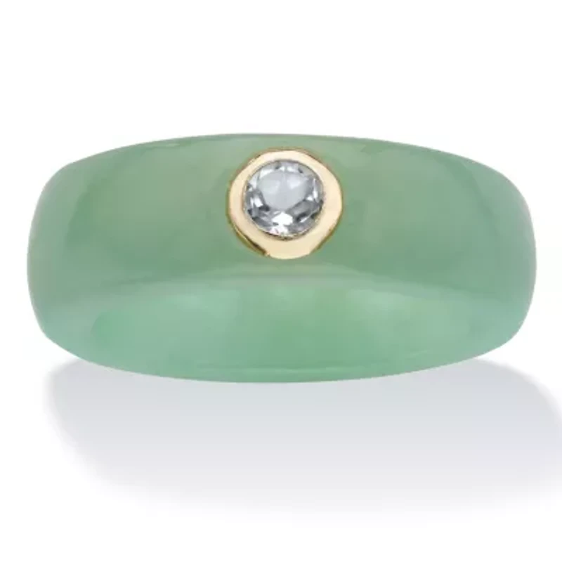 .30 TCW Genuine Green Jade and White Topaz Solid 10k Yellow Gold Ring