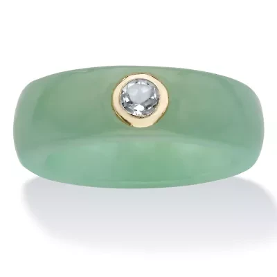 .30 TCW Genuine Green Jade and White Topaz Solid 10k Yellow Gold Ring