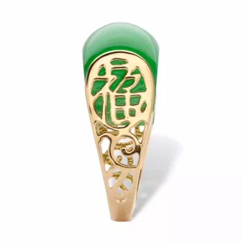 Genuine Green Jade 14k Gold-plated Sterling Silver Lucky Symbols Dome Ring