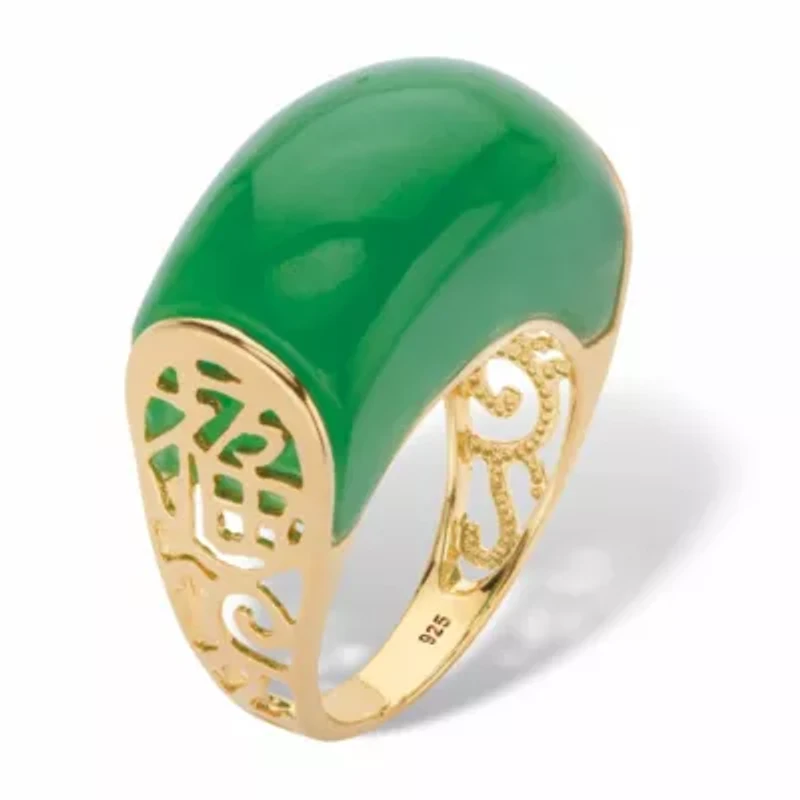 Genuine Green Jade 14k Gold-plated Sterling Silver Lucky Symbols Dome Ring