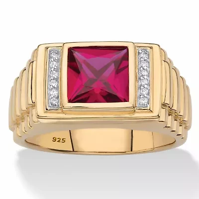 Lab Created Men's 1.42 Cttw. Gold-Plated .925 Silver Red Ruby & Diamond Accent Ring