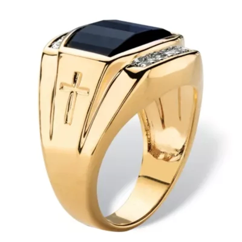 Lab Created Men's 7.61 TCW Blue Sapphire and Diamond Yellow Gold-Plated Ring