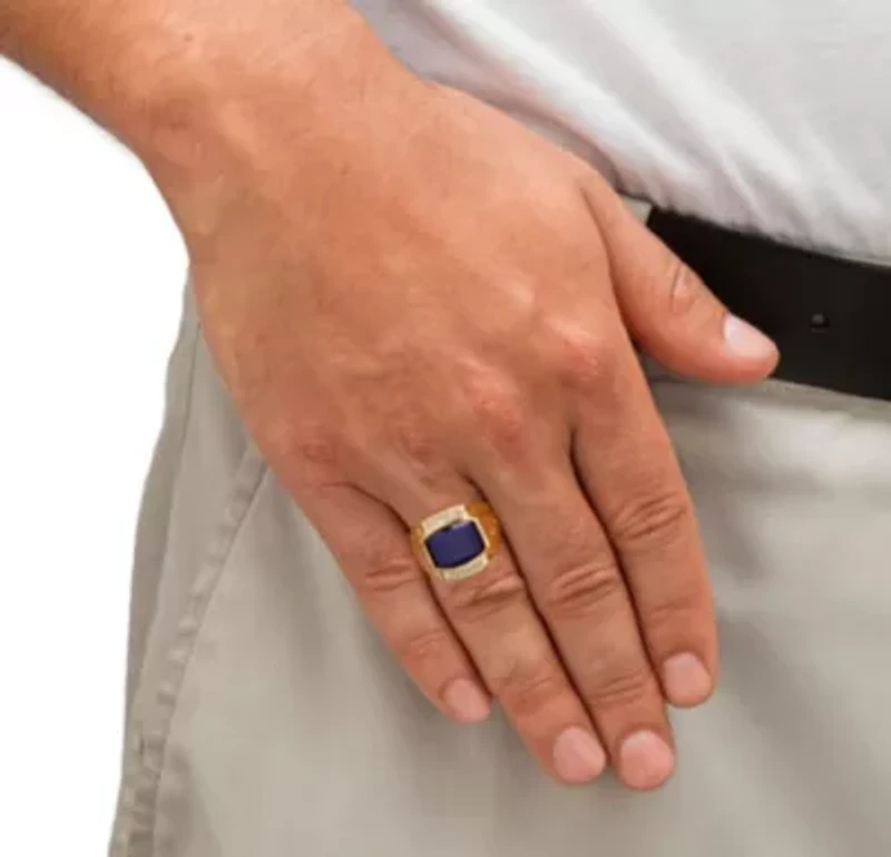 Lab Created Men's 7.61 TCW Blue Sapphire and Diamond Yellow Gold-Plated Ring