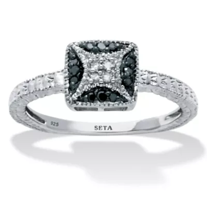 .10 TCW Black and White Diamond Sterling Silver Square Ring