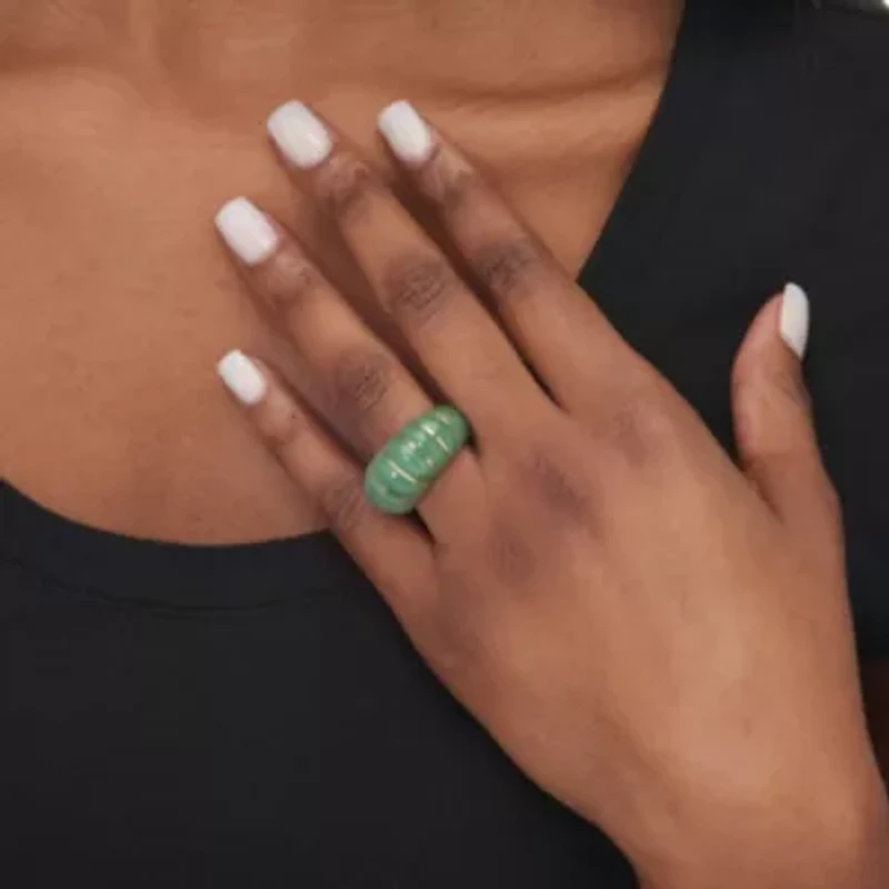 Genuine Green Jade Solid 10k Yellow Gold Shrimp-Style Dome Ring