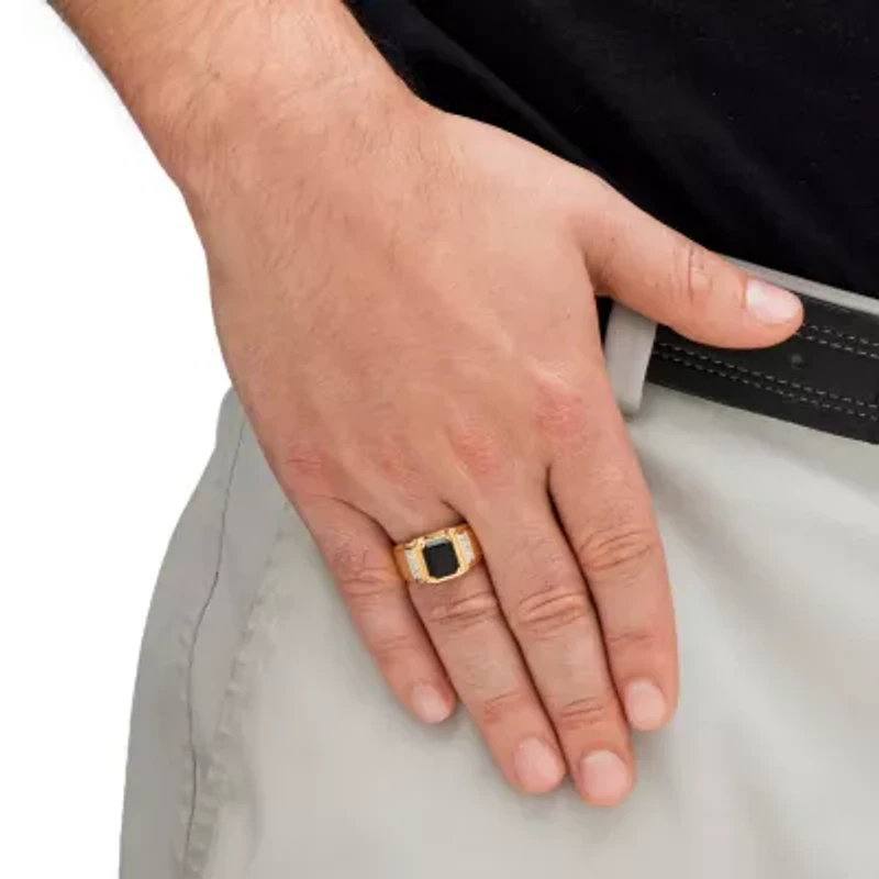 Men's 1/5 TCW Genuine Black Onyx and Diamond 18k Gold-Plated Ring