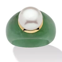 Round Cultured Freshwater Pearl Green Jade 10k Yellow Gold Ring