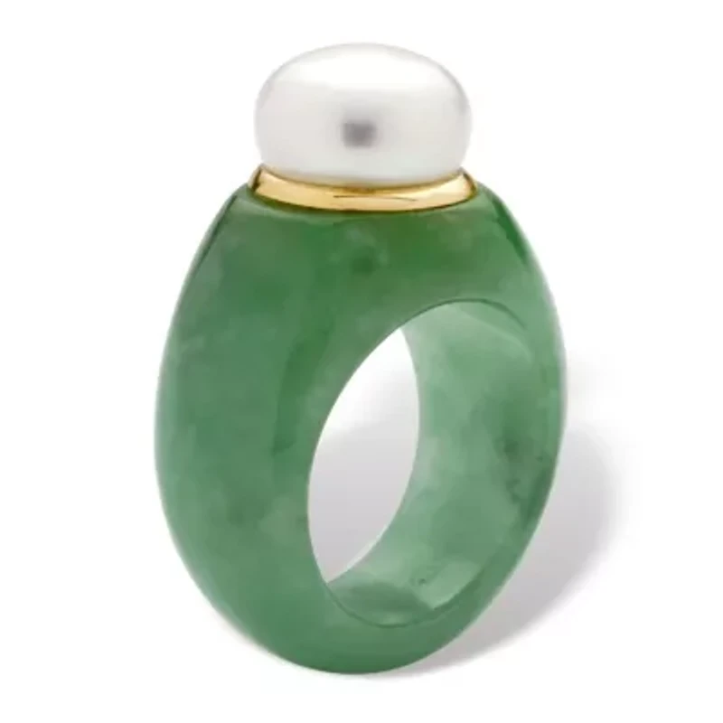 Round Cultured Freshwater Pearl Green Jade 10k Yellow Gold Ring