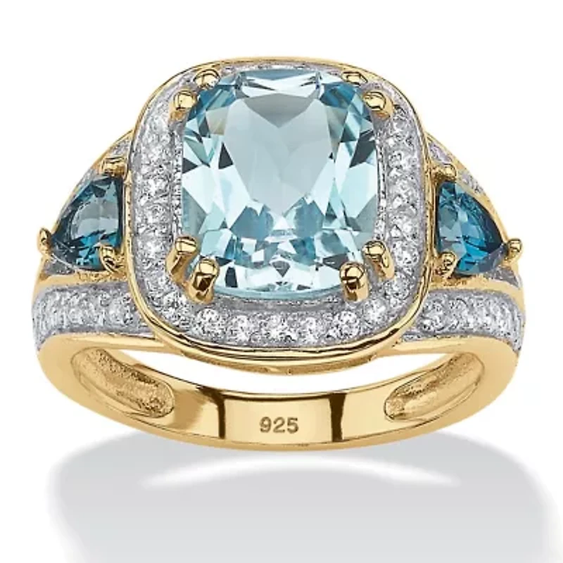 5.13 Cttw. Genuine Blue Topaz and CZ 18k Gold Plated Sterling Silver Halo Ring
