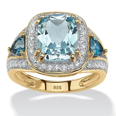 5.13 Cttw. Genuine Blue Topaz and CZ 18k Gold Plated Sterling Silver Halo Ring