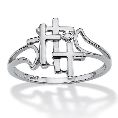 Diamond Accent Solid 10k White Gold Triple Cross Ring