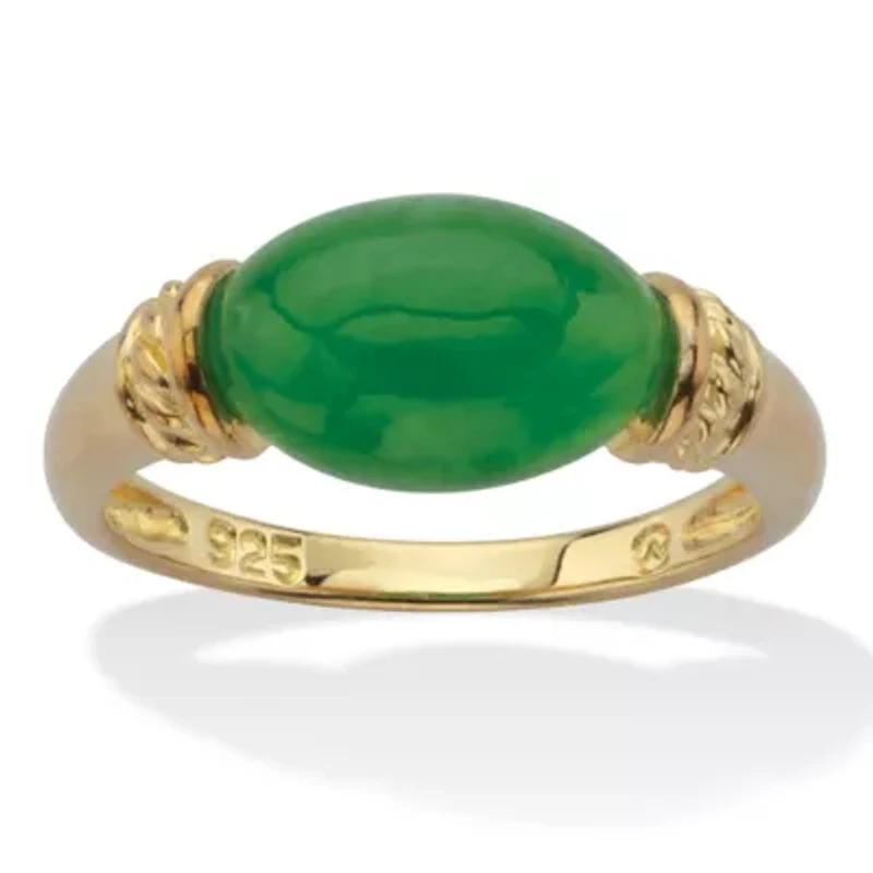 .12 Cttw. Oval Shaped Genuine Green Jade Ring 14k Gold-Plated Sterling Silver