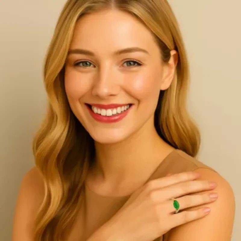 .12 Cttw. Oval Shaped Genuine Green Jade Ring 14k Gold-Plated Sterling Silver