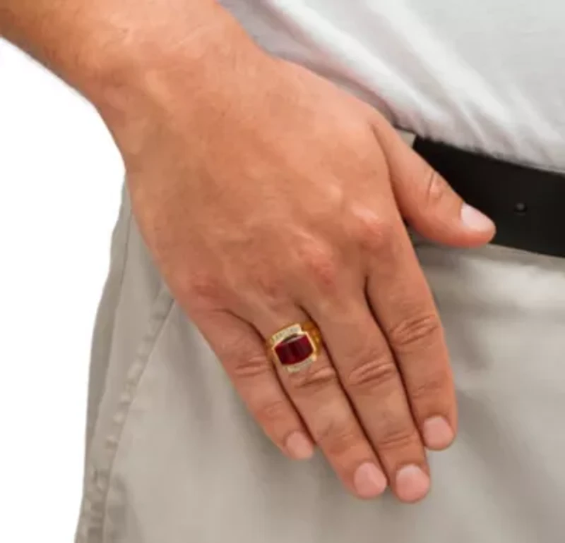 Lab Created Men's 7.61 TCW Red Ruby and Diamond 18k Gold-Plated Ring