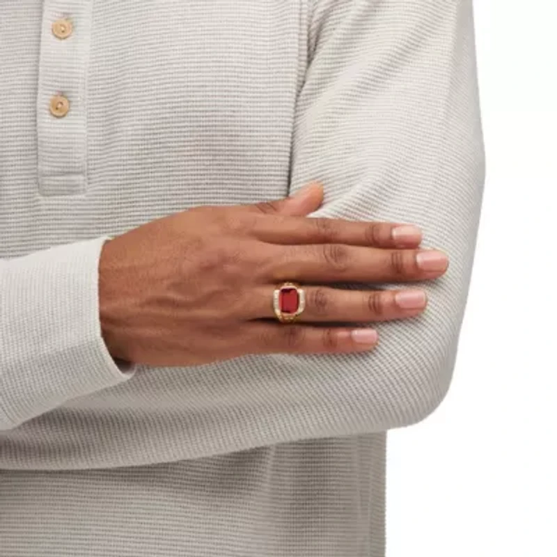 Lab Created Men's 7.61 TCW Red Ruby and Diamond 18k Gold-Plated Ring