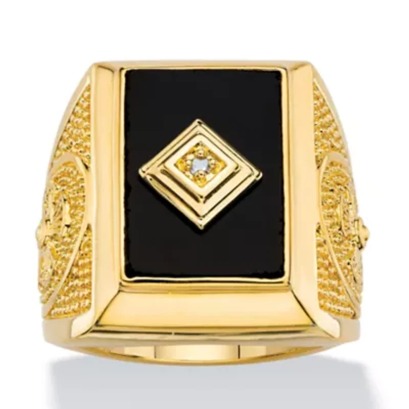 Men's Genuine Black Onyx and Diamond Accent Gold-Plated Textured Cross Ring