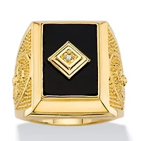 Men's Genuine Black Onyx and Diamond Accent Gold-Plated Textured Cross Ring
