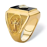 Men's Genuine Black Onyx and Diamond Accent Gold-Plated Textured Cross Ring
