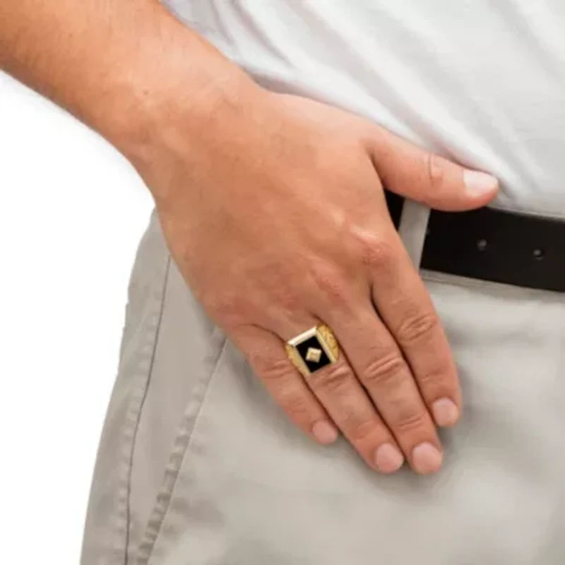 Men's Genuine Black Onyx and Diamond Accent Gold-Plated Textured Cross Ring