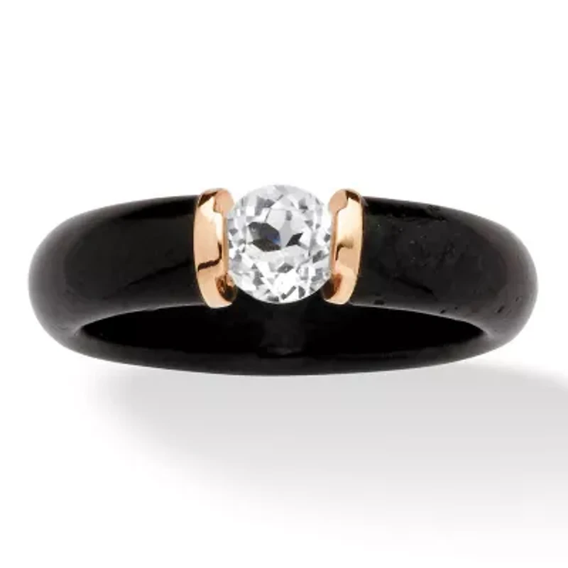 .56 Cttw. 10k Solid Gold Genuine Black Jade and Round White Topaz Ring