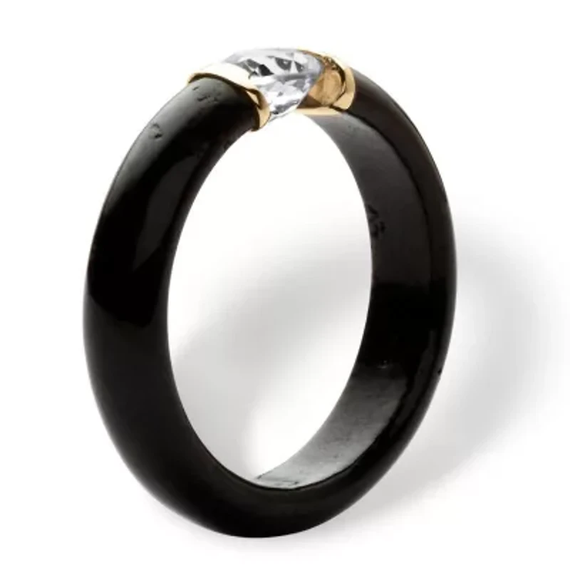 .56 Cttw. 10k Solid Gold Genuine Black Jade and Round White Topaz Ring