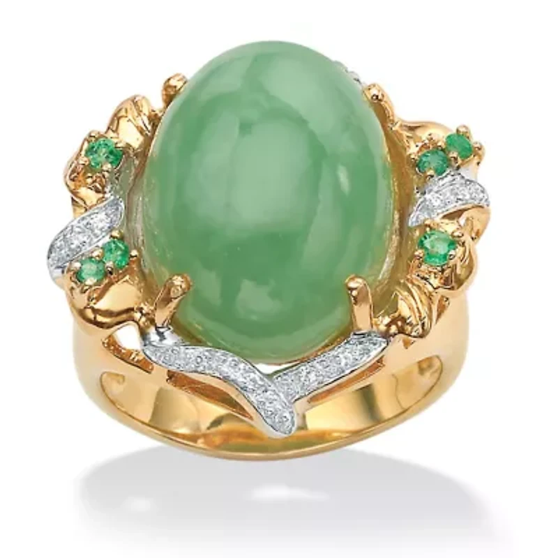 .28 TCW Emerald, CZ and Jade Ring Gold-Plated .925 Sterling Silver