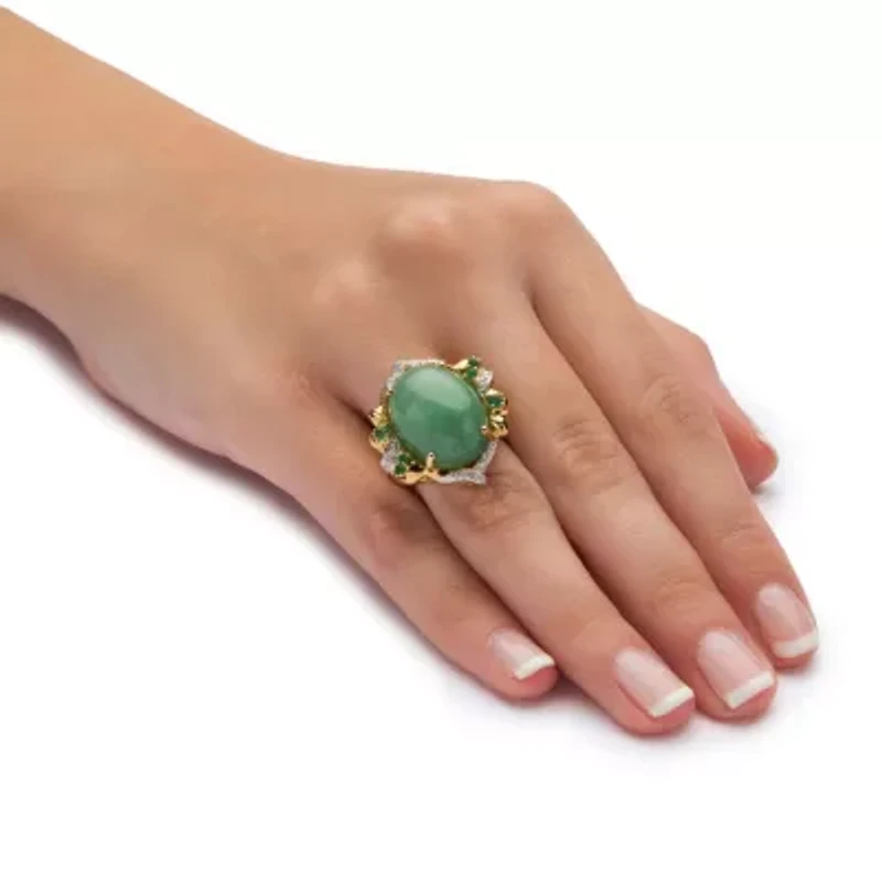 .28 TCW Emerald, CZ and Jade Ring Gold-Plated .925 Sterling Silver