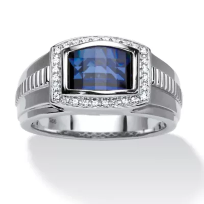 Lab Created 3.31 Cttw Men's Blue & White Sapphire Ring Platinum Plated Silver