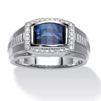 Lab Created 3.31 Cttw Men's Blue & White Sapphire Ring Platinum Plated Silver