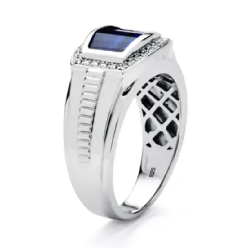 Lab Created 3.31 Cttw Men's Blue & White Sapphire Ring Platinum Plated Silver