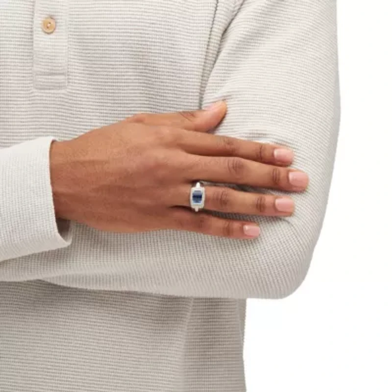 Lab Created 3.31 Cttw Men's Blue & White Sapphire Ring Platinum Plated Silver