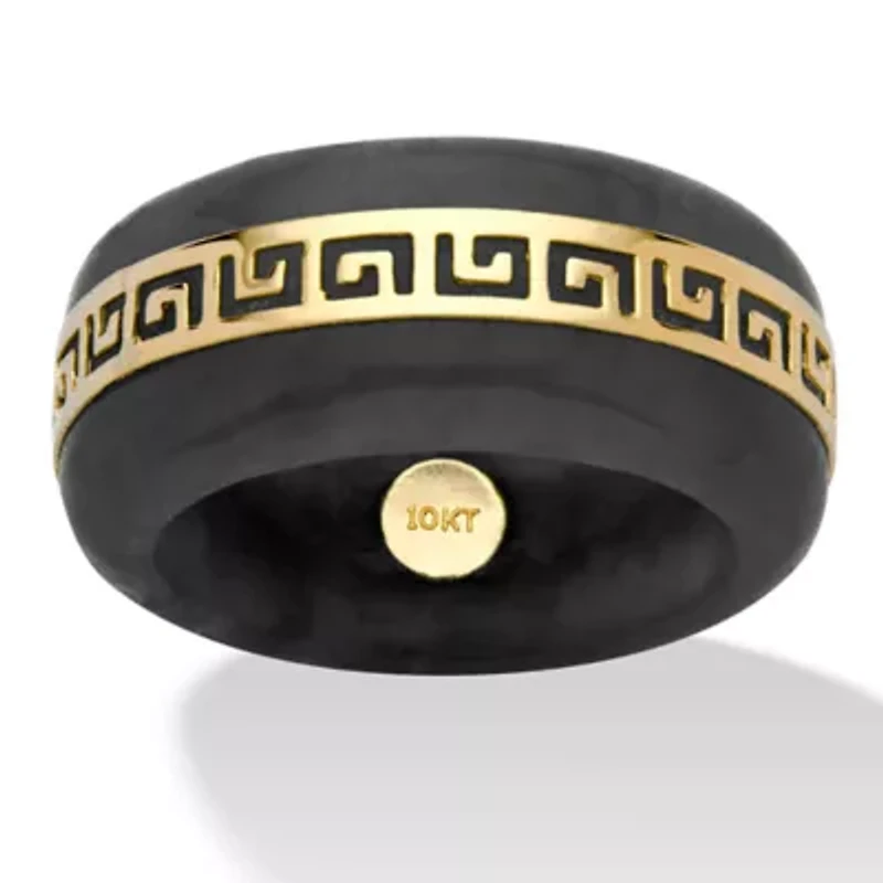 Genuine Black Jade Solid 10k Yellow Gold "Greek Key" Ring