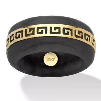 Genuine Black Jade Solid 10k Yellow Gold "Greek Key" Ring