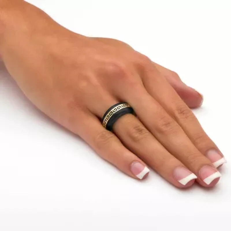 Genuine Black Jade Solid 10k Yellow Gold "Greek Key" Ring