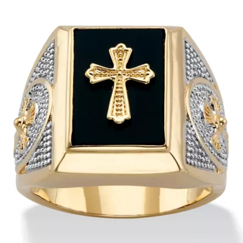 Men's Gold-Plated Emerald-Cut Genuine Black Onyx Textured Cross Ring
