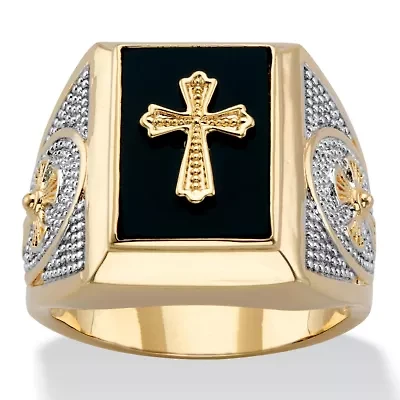 Men's Gold-Plated Emerald-Cut Genuine Black Onyx Textured Cross Ring