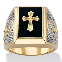 Men's Gold-Plated Emerald-Cut Genuine Black Onyx Textured Cross Ring