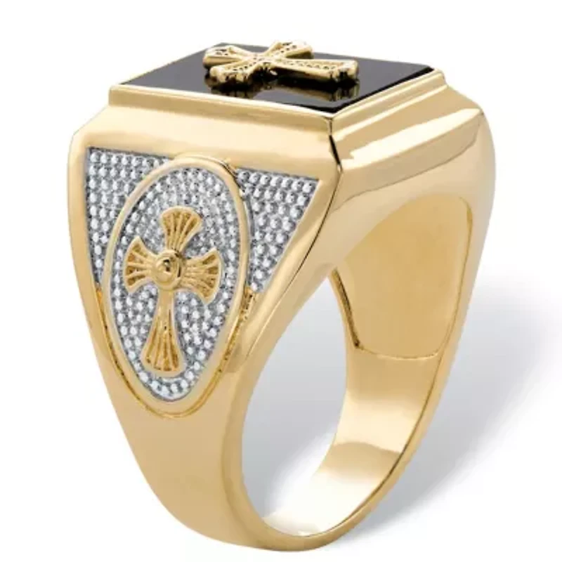 Men's Gold-Plated Emerald-Cut Genuine Black Onyx Textured Cross Ring