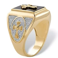 Men's Gold-Plated Emerald-Cut Genuine Black Onyx Textured Cross Ring