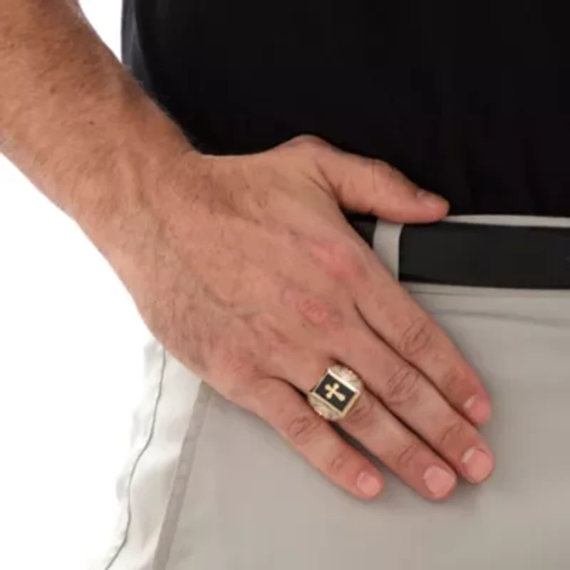 Men's Gold-Plated Emerald-Cut Genuine Black Onyx Textured Cross Ring