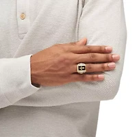 Men's Gold-Plated Emerald-Cut Genuine Black Onyx Textured Cross Ring