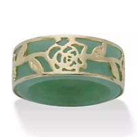 Genuine Green Jade Gold-plated Sterling Silver Floral Overlay Ring Band