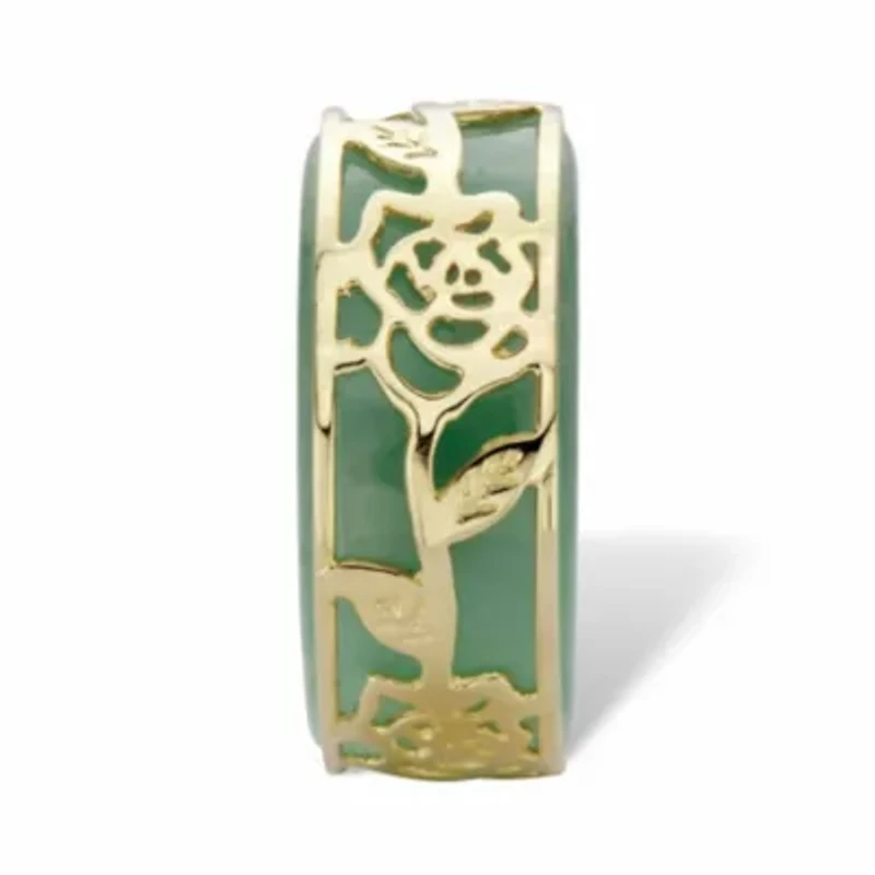 Genuine Green Jade Gold-plated Sterling Silver Floral Overlay Ring Band