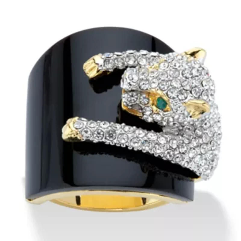 Genuine Black Onyx and Crystal Gold-Plated Leopard Cocktail Ring