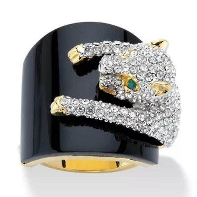 Genuine Black Onyx and Crystal Gold-Plated Leopard Cocktail Ring