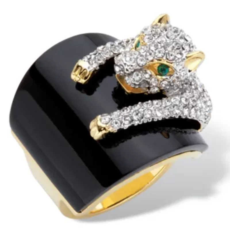 Genuine Black Onyx and Crystal Gold-Plated Leopard Cocktail Ring