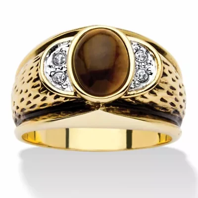 Men's Oval-Shaped Genuine Tiger's Eye Gold-Plated Antique-Finish Ring