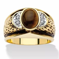 Men's Oval-Shaped Genuine Tiger's Eye Gold-Plated Antique-Finish Ring