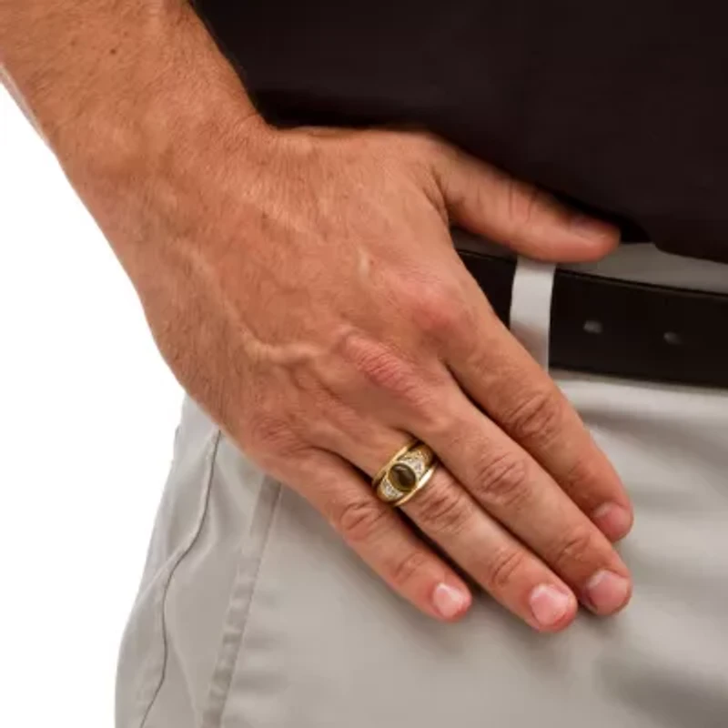 Men's Oval-Shaped Genuine Tiger's Eye Gold-Plated Antique-Finish Ring