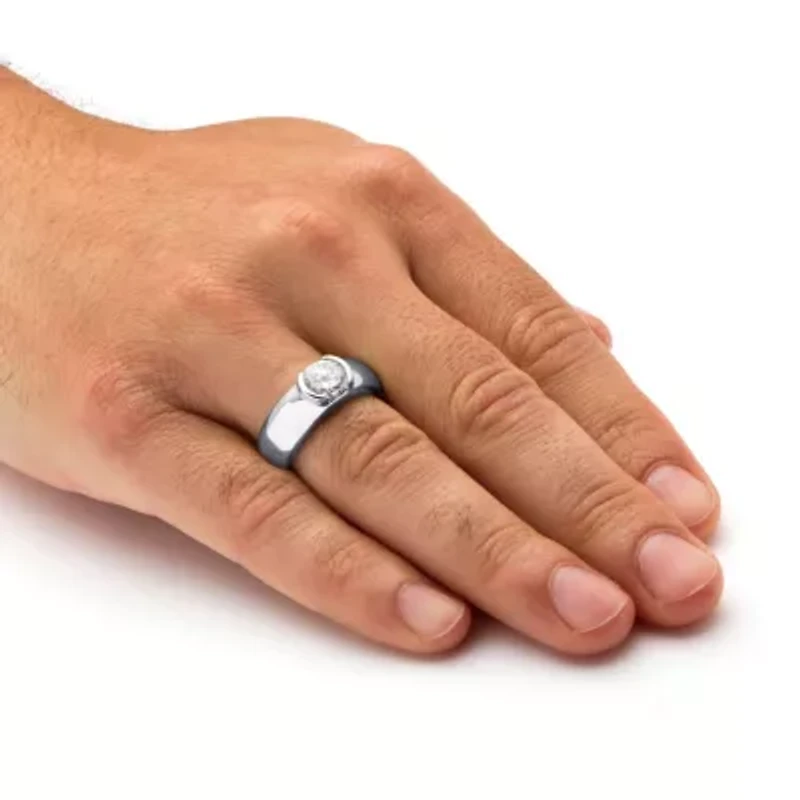 Men's 2 TCW Semi-Bezel-Set Cubic Zirconia Platinum-plated Sterling Silver Ring